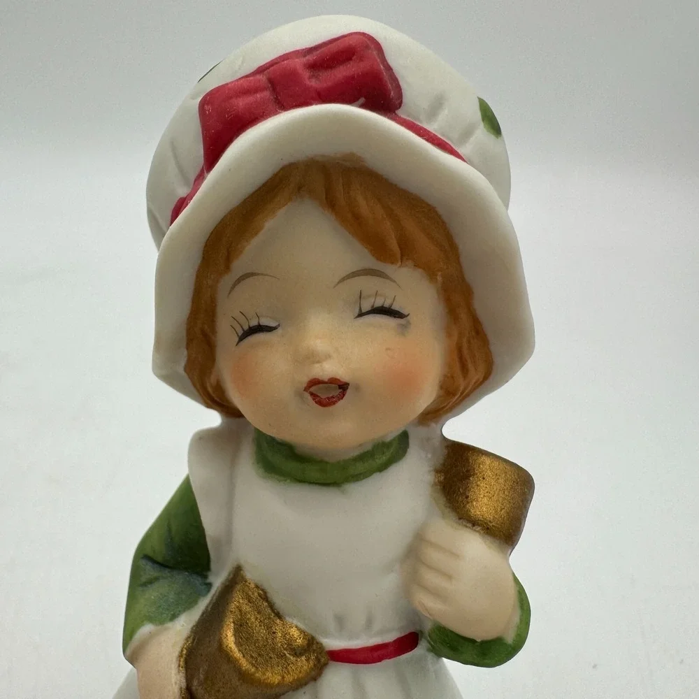 Set 2 Vintage Jasco Christmas Girls Caroler dog Cat Book Porcelain Bell figurine